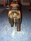Antique Vintage Indian Hand Carved Wood Metal Inlay Brass Copper Elephant