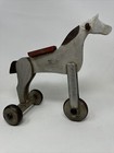 Antique Childrens Wooden Toy Horse Tricycle Wheels Silver Red Pull Along Used