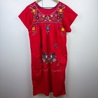 Mexican Puebla Embroidered Floral Huipil Short Sleeve Midi Dress Hand Made Red