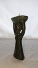 Vintage Folk Art Candle Holder Green Aged Bronze Woman With Basket 7 Inches 