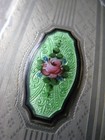 Antique Art Deco Silver Green Guilloche Pink Blue Floral Lipstick Dance Compact