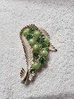 Beautiful Vtg Brooch Pin Art Deco Style Feather Leaf Bouquet W Green Rhinestones