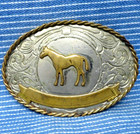 Western Horse Trophy Belt Buckle Cowboy German Silver Cowgirl Vtg 80s     pcb468