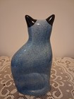 Cat Figurine China Calico Porcelain 8 5  Vtg Blue Sponge Speckled Black Ears