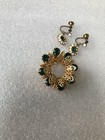 Vintage Unsigned Faux Emerald Gold  Filigree Brooch And Screw Back Earrings  155