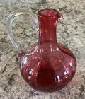 Vintage Cranberry Glass Decanter  Hand-blown With Clear Applied Handle 6   