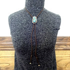Vintage Bolo Tie Sterling Silver Morenci Turquoise Brown Leather Cord 925 Tips
