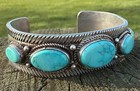 Vintage Navajo Old Pawn 5 Stone Sterling Turquoise Row Cuff Bracelet     Heavy 70g