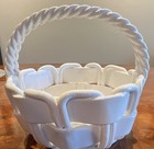 White Glossy Ceramic Decorative Basket W  Twisted Handle Round 7in Made In Italy