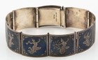 Vintage Siamese Sterling Silver And Niello Etched Link Panel Bracelet