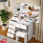 Led Lighted Sliding Mirror Vanity Set 6 Drawers Stool Makeup Dressing Table Desk