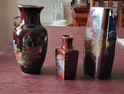Set Of 3 Vintage Japanese Brown Ceramic Vase Set Floral Gold Gilt