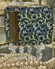 Vtg New Stratton Lipstick Powder Compact Case Cobalt Blue Floral W Animal Print