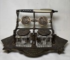 Antique 1890s Double Inkwell Pen Holders Ornate Cast Iron Faceted Glass Ink Pots