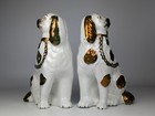 Antique 19th Century Victorian Pair Of Staffordshire Spaniels With Gold Finish