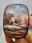 Russian Lacquered Box Winter Scene Tree House Snow Lake Paper Mache mop W Signed