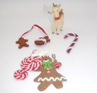 Vintage Christmas Ornament Lot Gingerbread Candycane Plastic Reindeer Wooden Set