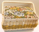 Vintage Wicker Woven Plastic Sewing Box Filled With Tatting   Lace Supplies 
