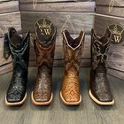 Men s Rodeo Cowboy Boots Hand Tooled Leather Western Square Toe Brown Botas  