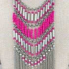 Bib Necklace Silver Tone   Pink Beaded Chain Western Barbie Fringe Y2k Boho
