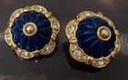Joan Rivers Blue Cabochon   Rhinestone Earrings Clipback Signed Vintage Jewelry