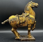 Vintage Asian Antique Gold Finished Carved Wood Tang Horse Sculpture 13   