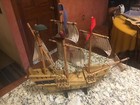 Vintage 20  Santa Maria 1492 Wooden Ship Model W stand Exc Cloth Sails