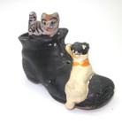 Vintage Dog   Cat Miniature Match Holder Shoe Porcelain Black Shoe Vintage
