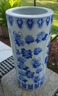 Vintage Ceramic Umbrella Stand Blue And White With Butterflies And Birds 14x7 