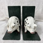 Vintage Cast Iron Pig Bookends Set - Spotted Black   White Farmhouse Decor Heavy