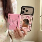Pink Plaid Bow Flip Phone Case With Mirror   Card Holder For Iphone 13-17 Promax