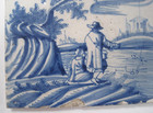Antique 17th 18thc Delft Blue  White Tile  Couple  Fishing Scene  Fireplace wall