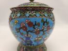 Chinese Cloisonne Jar Spice Ginger Tea Caddy Turquoise Vintage Brass Blossoms 