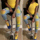 Ladies High Waist Ripped Jeans Fashion Pencil Pants Slim Fit Jogging Trousers