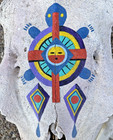 Hand Painted Cow Skull Vtg Southwestern  Native Turtle Art Feathers Wall Decor