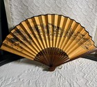 Vintage Chinese Painting Fan 19 1 2    W   11 1 2    H Signed Fabric Carved Wood     