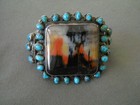 Native American Navajo Petrified Wood Turquoise Row Sterling Silver Bracelet 86g
