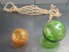 Vtg Glass Fishing Float Buoy Ball Japanese Amber Green Net Set Of 2 Japan