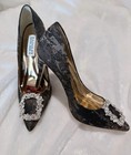 Badgley Mischka Women   s Black silver Leather Pointed Toe Rhinestone Pump 6m
