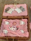 Schylling Pink White Porcelain Butterfly 30pc Tea Set Wicker Picnic Basket Read