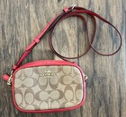 Coach Signature Monogram Canvas Zip Small Crossbody Bag Beige red