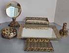 Vtg Japan Gold Filigree 6-pc Vanity Set Hollywood Regency Mirror Tray Spotting