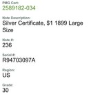 1899 Silver Eagle Certificate  Fr 236 Speelman white   Pmg 30 Large Note