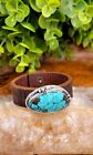 Handmade Leather Cuff Bracelet With Turquoise And Sterling Pendant