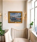 Vintage Signed Original Oil On Canvas Docked Boats At The Marina