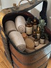 Antique Asian Wedding Basket Woven Rattan Wood Brass Handle Spa Storage 3-tier