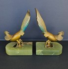 Antique Austria Artdeco Brass Pheasant Figurines Bookends Onyx Base Cold Painted