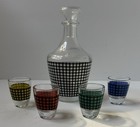 Barware Vtg Mcm France Glass Decanter With 4 Shot Glasses Gingham Houndstooth