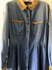 Vtg Button Front Cotton Denim Midi Dress Contrasting Trim Prairie Hippie Size 6