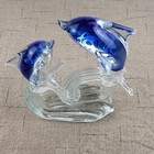 Blown Glass Figurine Blue Dolphins Riding Clear Waves 7 5 